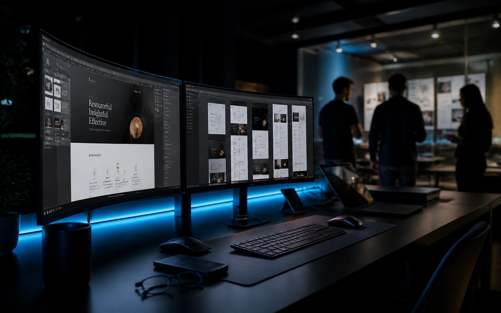 Modern design studio with cinematic monitors displaying premium website work